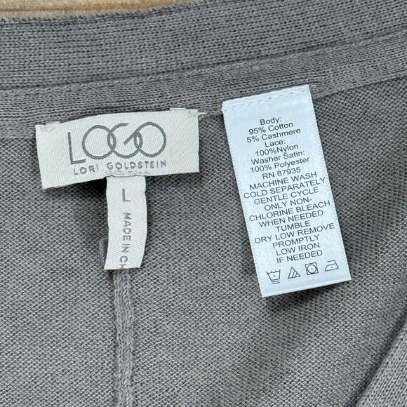 LOGO Gray Cashmere Blend Lace Trim Cardigan Sweater Size‎ L Lagenlook Cabincore - Picture 4 of 8